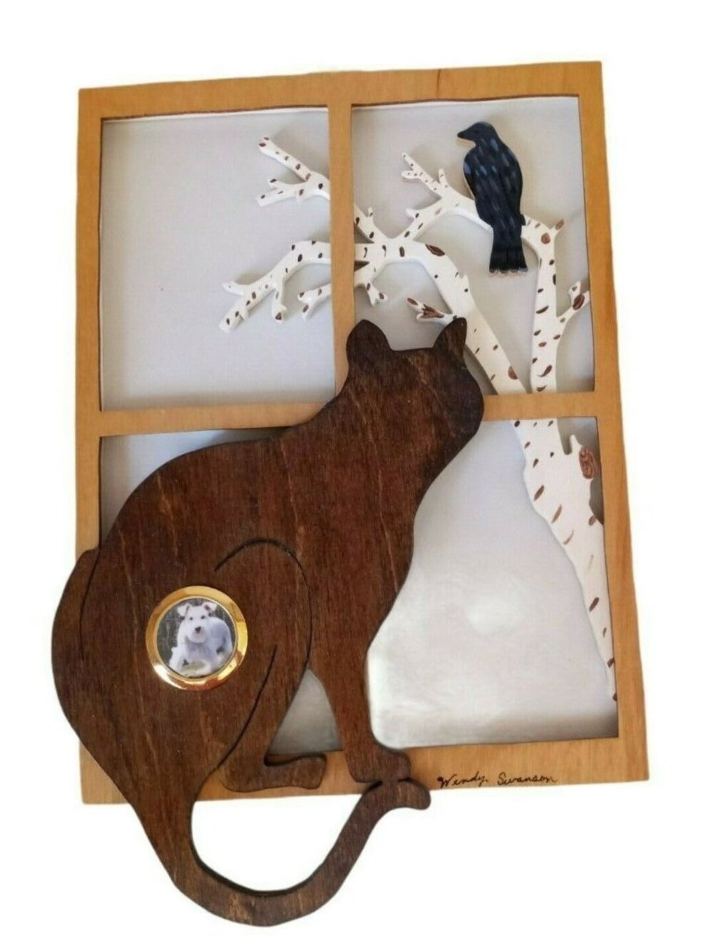 Handmade Wood Cat & Bird Wall Plaque Picture Frame Rustic Decor Artisan Design